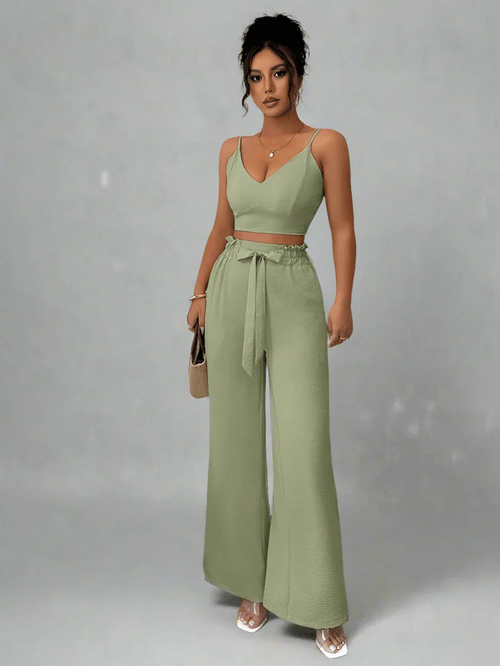 Stylish Green Suspender Vest With Wide Leg Pants - Two-Piece Set For Women - Allen-Fitness