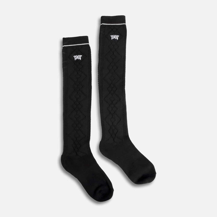 PXG women's black jacquard knee golf socks with a white PXG logo on a white background