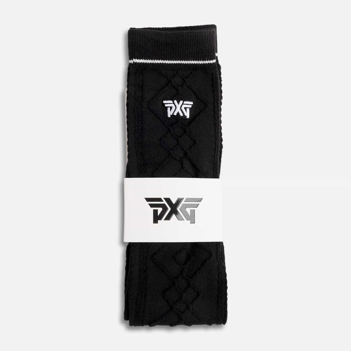 PXG women's black jacquard knee golf socks with a white PXG logo on a white background