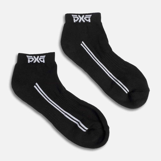 PXG women's black jacquard logo ankle socks with a white PXG logo on a white background