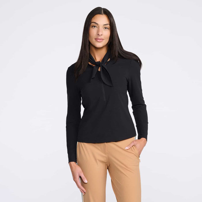 Women's Lavalliere Long Sleeve Polo in Black, front view (listing thumbnail)