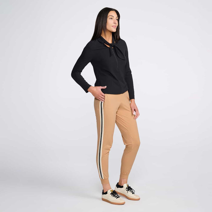 Women's Lavalliere Long Sleeve Polo in Black, side view (alternate angle)