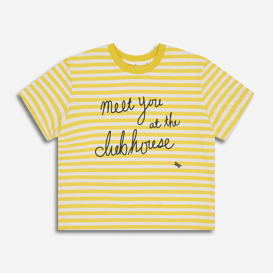 Women's Meet You At The Clubhouse Tee in Lemon Zest, lay flat front view