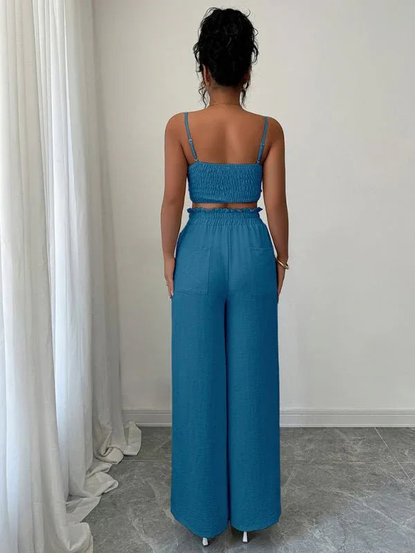 Peacock Blue Suspender Vest Wide Leg Pants Two-Piece Set - Allen-Fitness