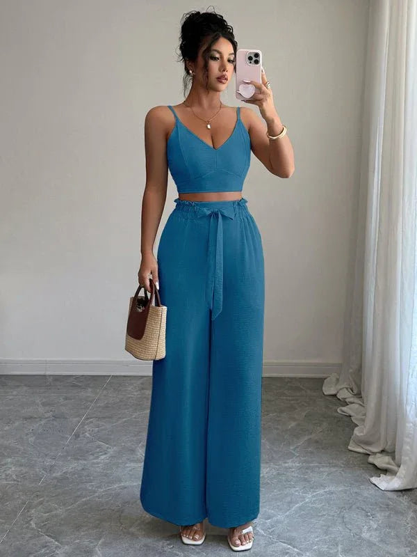 Peacock Blue Suspender Vest Wide Leg Pants Two-Piece Set - Allen-Fitness