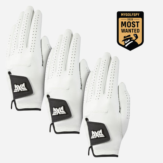 Three white golf gloves with black wrist tabs and white logo patches, arranged on a light gray background with a gold and black 'My Golfspy Most Wanted' badge in the top right corner.