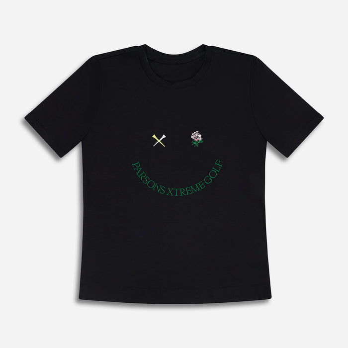 Women's Putt On A Happy Face Tee in Black, lay flat front view