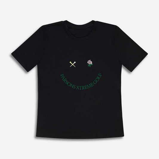 Women's Putt On A Happy Face Tee in Black, lay flat front view