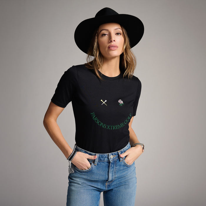 Women's Putt On A Happy Face Tee in Black, alternate front view