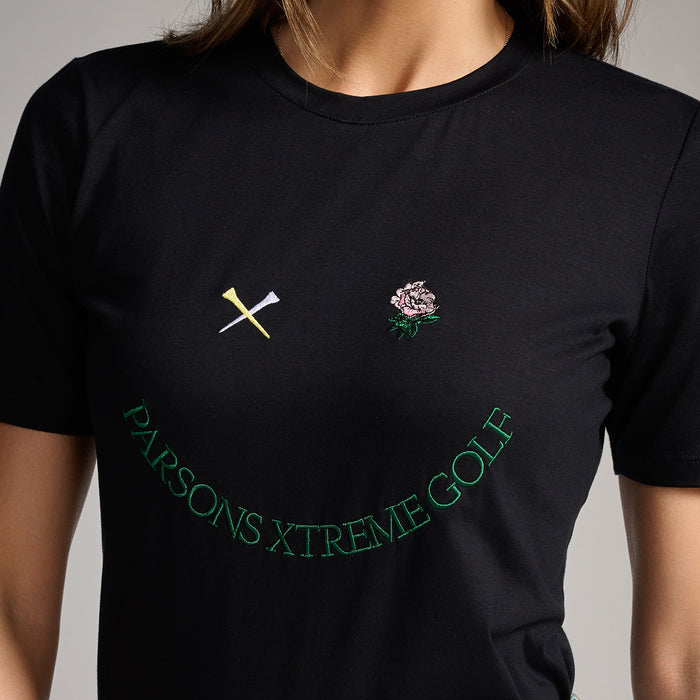 Women's Putt On A Happy Face Tee in Black, front detail view