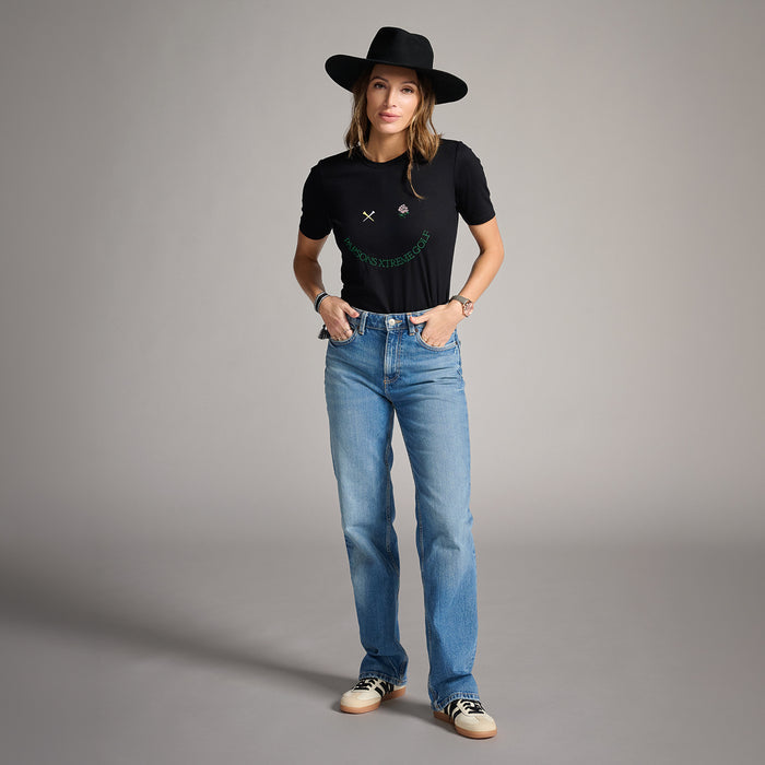 Women's Putt On A Happy Face Tee in Black, front view