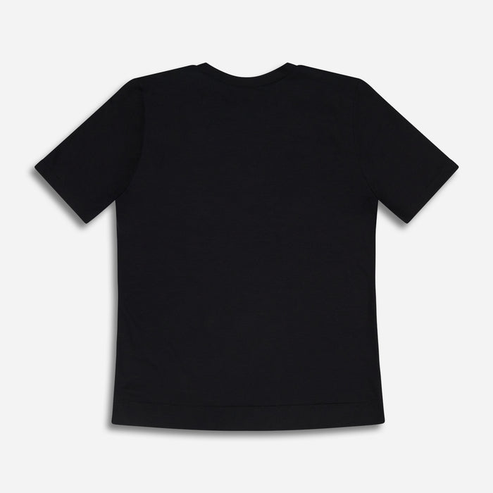 Women's Putt On A Happy Face Tee in Black, lay flat back view