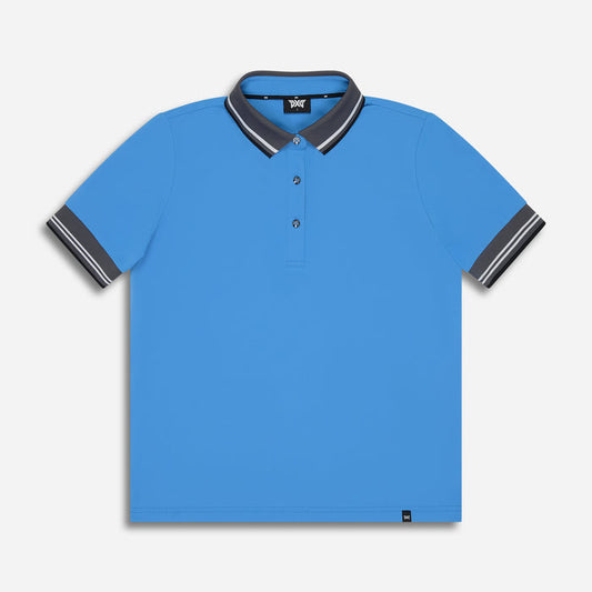 Women's Ready To Play Polo in Cadet Blue, lay flat front view