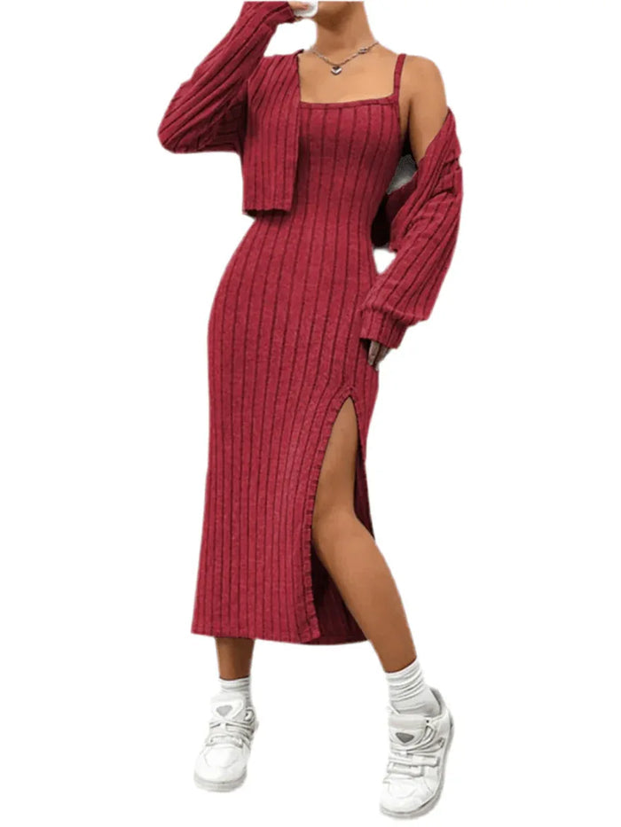 Ribbed Long Sleeve Cropped Cardigan & Slit Cami Dress Set - Stylish 2-Piece Outfit by Kenike - Allen-Fitness