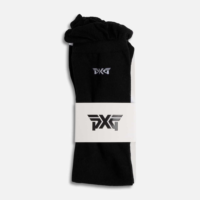 PXG women's black ruffle knee golf socks with ruffles at the top and a white PXG logo on a white background