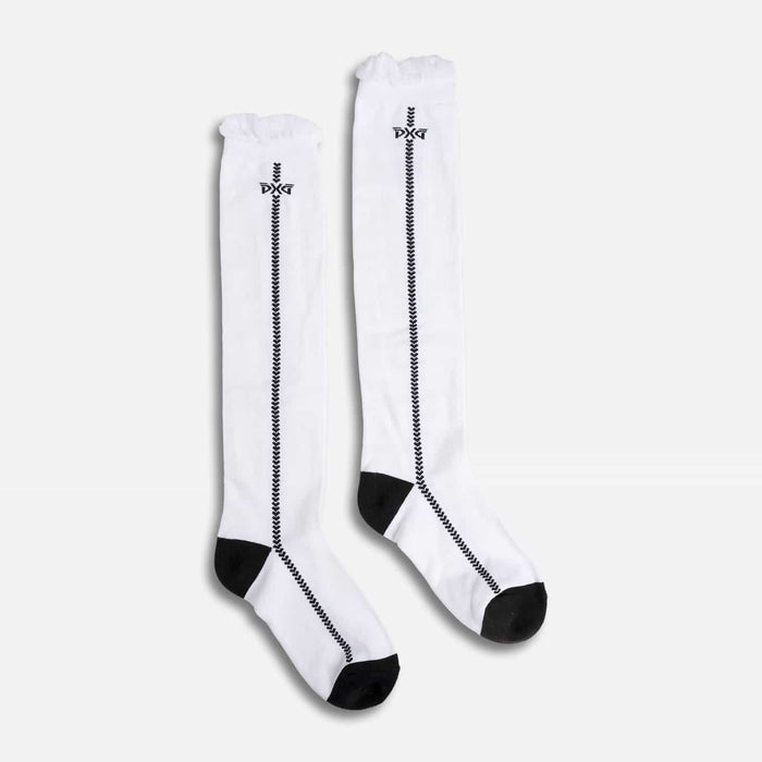 PXG women's white ruffle knee golf socks with ruffles at the top and a black PXG logo on a white background