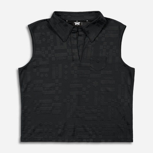Women's #SheGolfs Sleeveless Polo in Black, flat lay