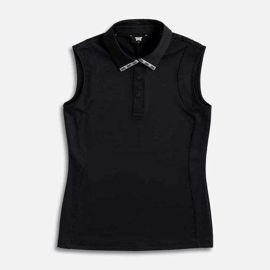 Women's Sleeveless Logo Tape Collar Polo in Black, lay flat view