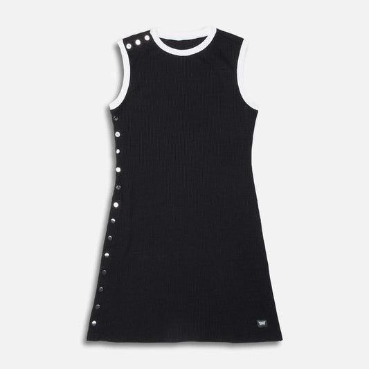 Women's The LBD Snap Dress in Black, lay flat view
