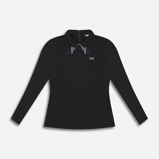 Women's Tie Neck Long Sleeve Polo, flat lay, front