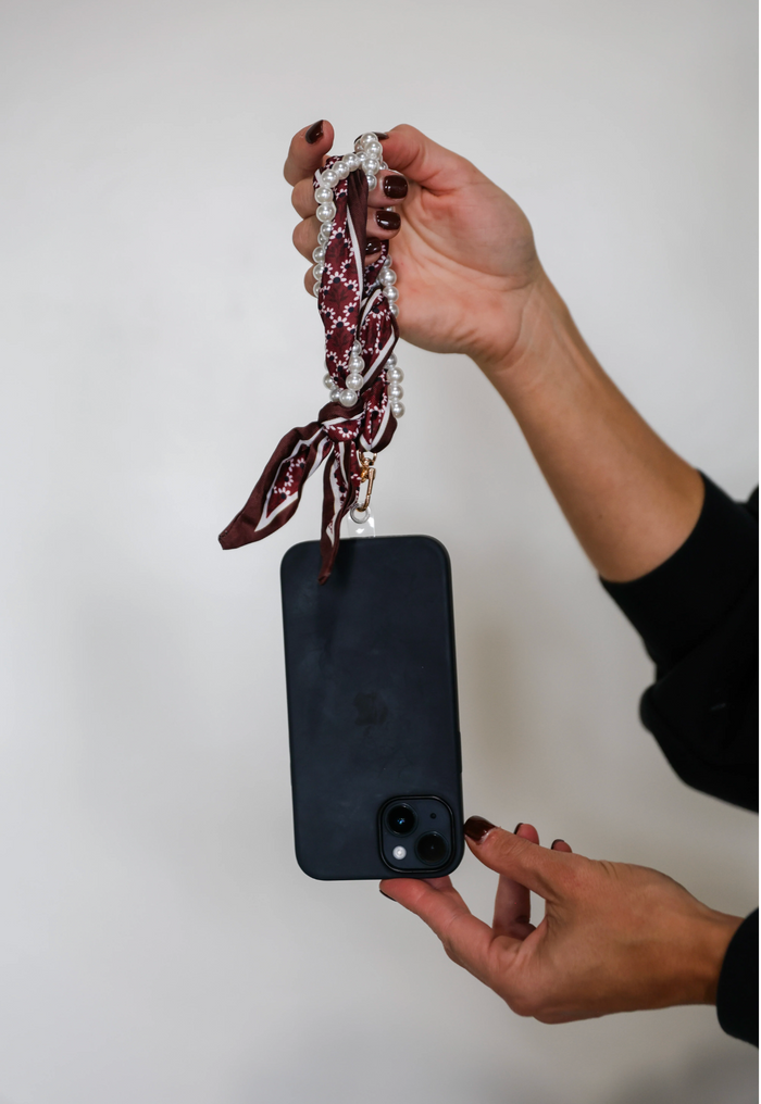 Woven Pearl Phone Strap in Maroon
